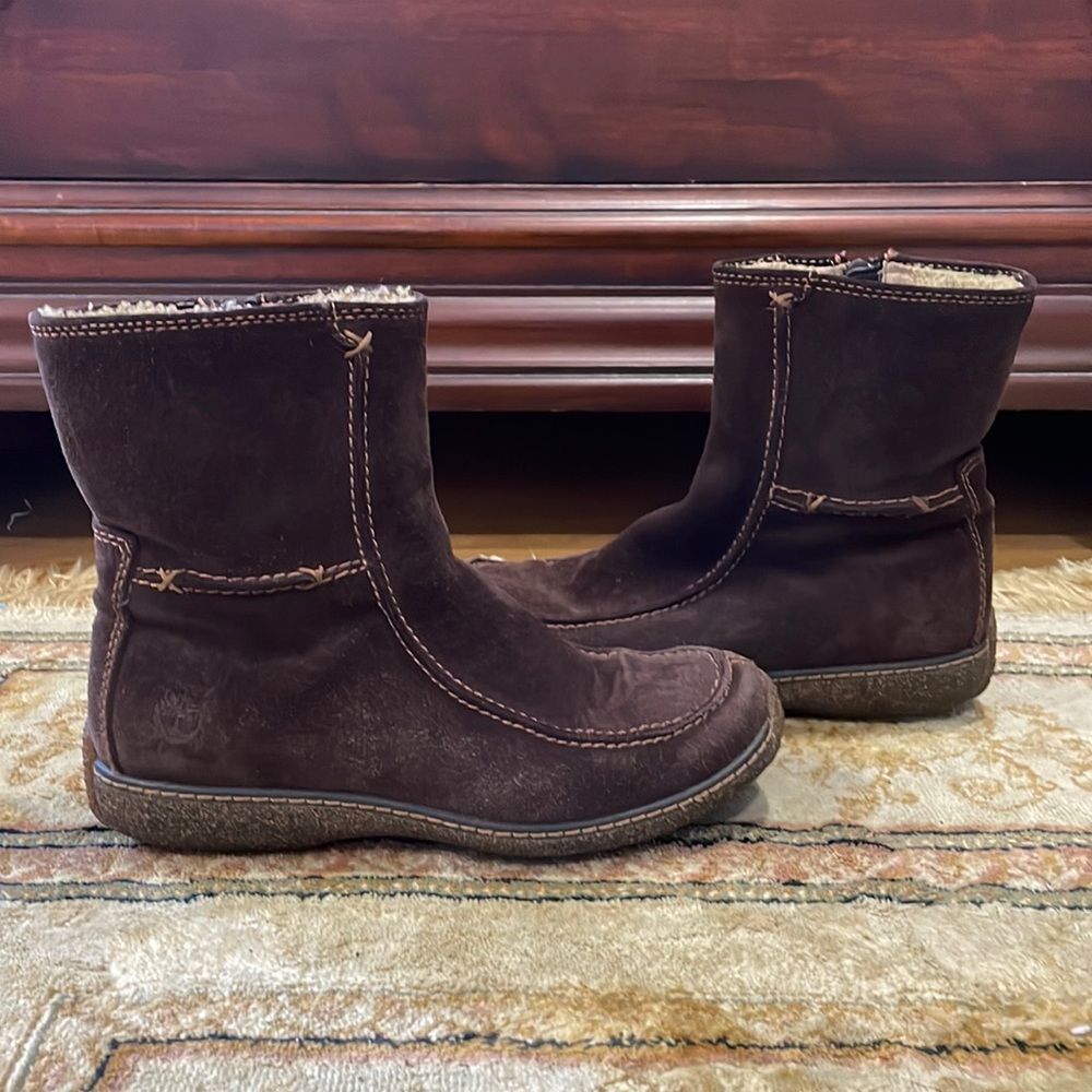 Timberland Brown Suede Nubuck Leather Zip Warm Fleece Lined Women’s Sz 6.5 Boots